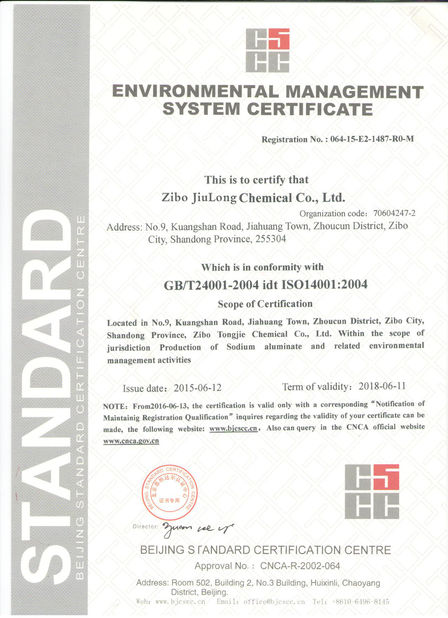 Chiny Zibo  Jiulong  Chemical  Co.,Ltd Certyfikaty